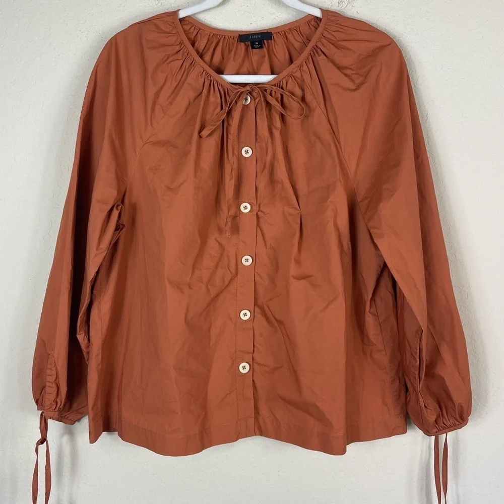 J. Crew Tie Sleeve Button Front Cotton Poplin Top Orange Size Medium